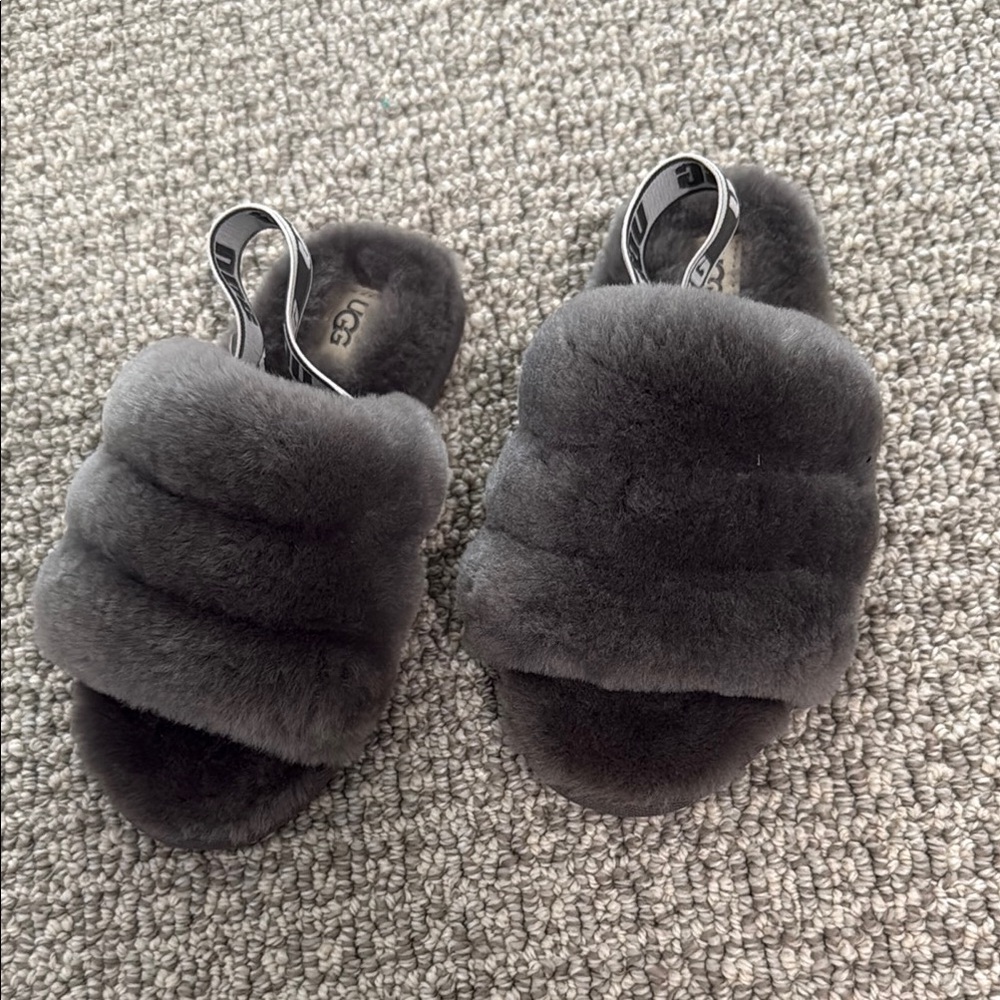 Kids Ugg Grey Puff Sandals Slides Shoes 12